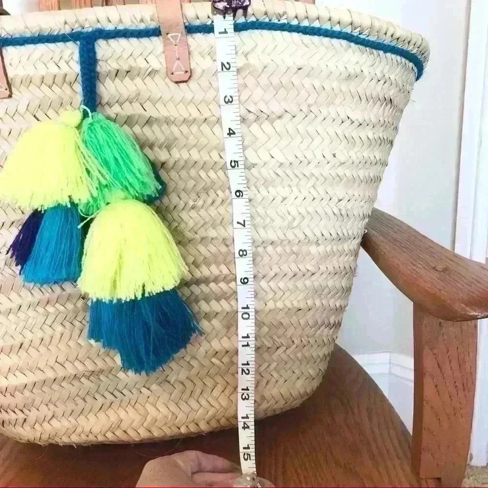 Set of Large Boho Rafia Tote Bags 14x22 Matching Clutch 7x12 Multi Color Tassels - Picture 7 of 12